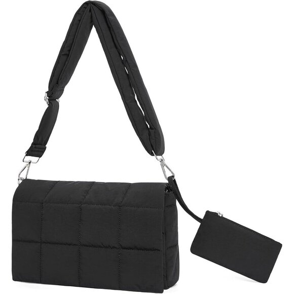 Handbags - Women's Black Lightweight Cotton Padded Imported Puffer Shoulder Bag